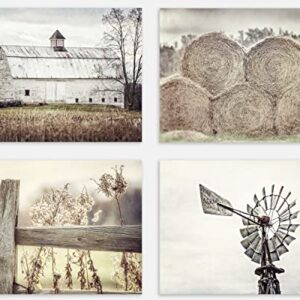 Lisa Russo Fine Art - Farmhouse Wall Decor Set of 4 Country Rustic Landscape Photographs - Barn, Fence, Hay, Windmill - Set of 4 - Not Framed - Beige, Tan, White (4 8x10 Prints)