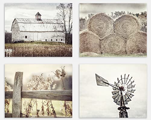 Lisa Russo Fine Art - Farmhouse Wall Decor Set of 4 Country Rustic Landscape Photographs - Barn, Fence, Hay, Windmill - Set of 4 - Not Framed - Beige, Tan, White (4 8x10 Prints)