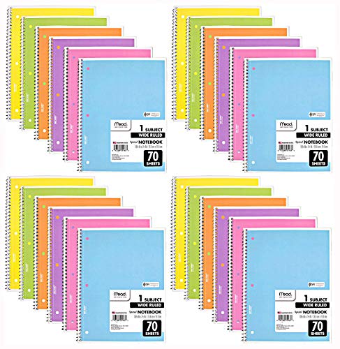 Mead Spiral Notebook, 24 Pack of 1-Subject Wide Ruled Spiral Bound Notebooks, Pastel Color Cute school Notebooks, 70 Pages
