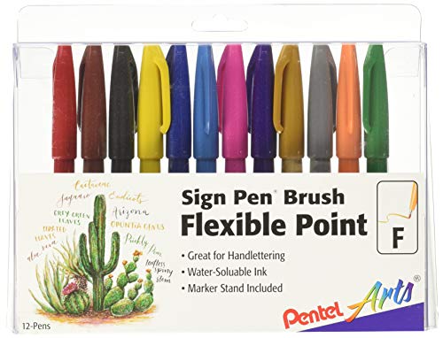 Pentel Ses15cpc12 Sign Pen Brush Flexible Point Marker, Assorted, 12/Pack