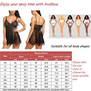 Avidlove Women Babydoll Set Mesh Lingerie Strap Chemise Lace Sleepwear Outfits Black Small