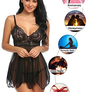 Avidlove Women Babydoll Set Mesh Lingerie Strap Chemise Lace Sleepwear Outfits Black Small