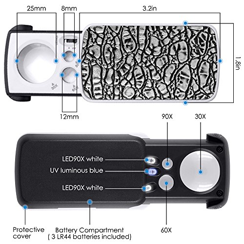 Jewelry Loupe Magnifier with LED Light, AFUNTA 30X,60X,90X Pocket Magnifying Glass for Rocks Stamps Coins Watches Hobbies Antiques Models Photos - Silver