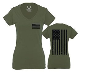 vintage american flag united states of america military army marine us navy usa for women v neck fitted t shirt (olive large)