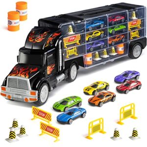 toy truck transport car carrier - toy truck includes 6 toy cars and accessories fits 28 toy car slots - great car toys gift for boys and girls - original - by play22
