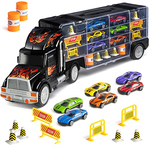 Toy Truck Transport Car Carrier - Toy truck Includes 6 Toy Cars and Accessories Fits 28 Toy Car Slots - Great car toys Gift For Boys and Girls - Original - By Play22