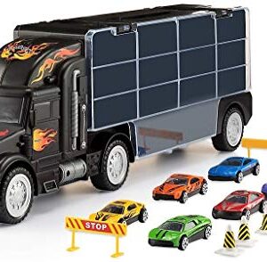 Toy Truck Transport Car Carrier - Toy truck Includes 6 Toy Cars and Accessories Fits 28 Toy Car Slots - Great car toys Gift For Boys and Girls - Original - By Play22