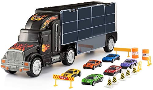 Toy Truck Transport Car Carrier - Toy truck Includes 6 Toy Cars and Accessories Fits 28 Toy Car Slots - Great car toys Gift For Boys and Girls - Original - By Play22