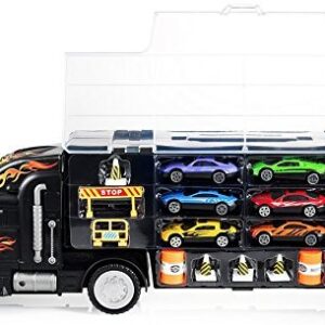 Toy Truck Transport Car Carrier - Toy truck Includes 6 Toy Cars and Accessories Fits 28 Toy Car Slots - Great car toys Gift For Boys and Girls - Original - By Play22