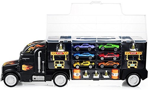 Toy Truck Transport Car Carrier - Toy truck Includes 6 Toy Cars and Accessories Fits 28 Toy Car Slots - Great car toys Gift For Boys and Girls - Original - By Play22