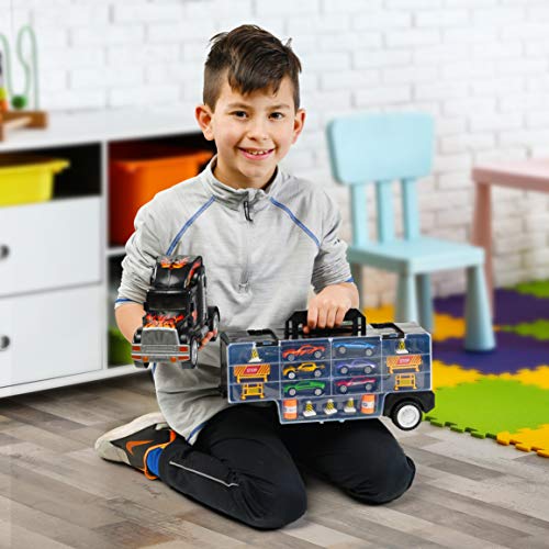 Toy Truck Transport Car Carrier - Toy truck Includes 6 Toy Cars and Accessories Fits 28 Toy Car Slots - Great car toys Gift For Boys and Girls - Original - By Play22