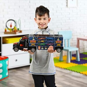 Toy Truck Transport Car Carrier - Toy truck Includes 6 Toy Cars and Accessories Fits 28 Toy Car Slots - Great car toys Gift For Boys and Girls - Original - By Play22