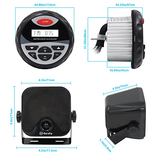 Herdio Receiver/Speaker Package, MP3/USB AM/FM Marine Stereo Bundle for Boat ATV UTV SPA.