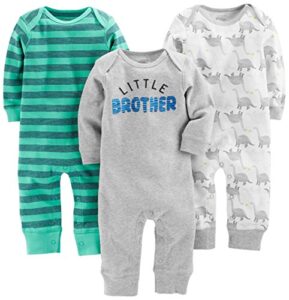 simple joys by carter's baby boys' jumpsuits, pack of 3, green stripe/grey heather/white dinosaur, 12 months