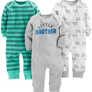 Simple Joys by Carter's Baby Boys' Jumpsuits, Pack of 3, Green Stripe/Grey Heather/White Dinosaur, 12 Months