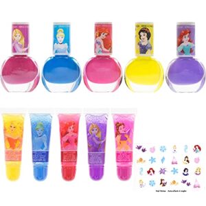 Townley Girl Disney Princess Sparkly Cosmetic Makeup Set for Girls with Lip Gloss Nail Polish Nail Stickers - 11 Pcs|Perfect for Parties Sleepovers Makeovers Birthday Gift for Girls 3+