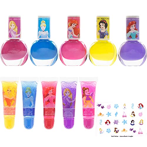 Townley Girl Disney Princess Sparkly Cosmetic Makeup Set for Girls with Lip Gloss Nail Polish Nail Stickers - 11 Pcs|Perfect for Parties Sleepovers Makeovers Birthday Gift for Girls 3+