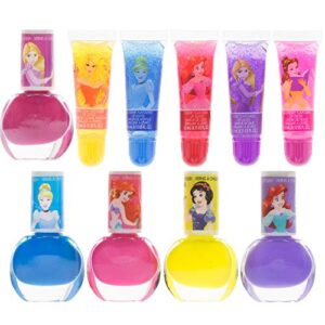 Townley Girl Disney Princess Sparkly Cosmetic Makeup Set for Girls with Lip Gloss Nail Polish Nail Stickers - 11 Pcs|Perfect for Parties Sleepovers Makeovers Birthday Gift for Girls 3+