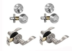 dynasty hardware cp-her-us15, heritage front door entry lever lockset and single cylinder deadbolt combination set, satin nickel (2 pack) keyed alike