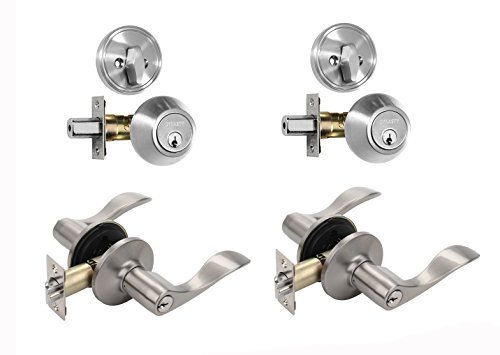 Dynasty Hardware CP-HER-US15, Heritage Front Door Entry Lever Lockset and Single Cylinder Deadbolt Combination Set, Satin Nickel (2 Pack) Keyed Alike