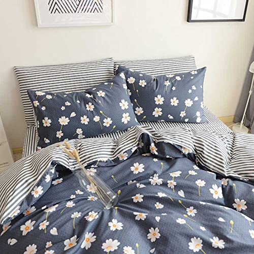 HighBuy Floral Duvet Cover Kids Girls Shabby Chic Duvet Cover Set Cotton Striped Reversible Stripe Pattern Navy Blue Teens Boys Bedding Sets Twin Single Bed Comforter Covers