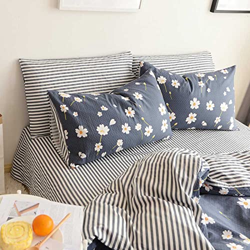 HighBuy Floral Duvet Cover Kids Girls Shabby Chic Duvet Cover Set Cotton Striped Reversible Stripe Pattern Navy Blue Teens Boys Bedding Sets Twin Single Bed Comforter Covers