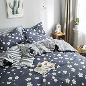 HighBuy Floral Duvet Cover Kids Girls Shabby Chic Duvet Cover Set Cotton Striped Reversible Stripe Pattern Navy Blue Teens Boys Bedding Sets Twin Single Bed Comforter Covers