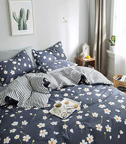 HighBuy Floral Duvet Cover Kids Girls Shabby Chic Duvet Cover Set Cotton Striped Reversible Stripe Pattern Navy Blue Teens Boys Bedding Sets Twin Single Bed Comforter Covers