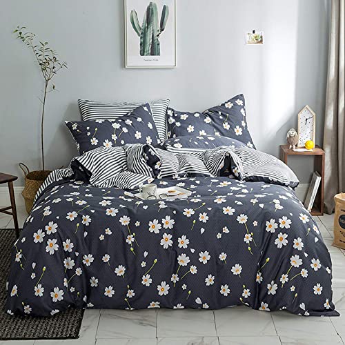 HighBuy Floral Duvet Cover Kids Girls Shabby Chic Duvet Cover Set Cotton Striped Reversible Stripe Pattern Navy Blue Teens Boys Bedding Sets Twin Single Bed Comforter Covers