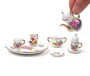 eatingbiting collection level 1:12 elegant flora miniature mini house porcelain tea dish, teapot, cup, plate craft set, diy scene home furniture accessories
