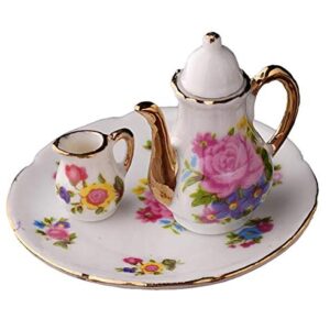 EatingBiting Collection Level 1:12 Elegant Flora Miniature Mini House Porcelain Tea Dish, Teapot, Cup, Plate Craft Set, DIY Scene Home Furniture Accessories