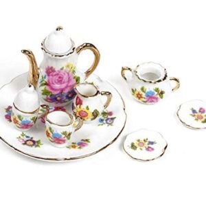 EatingBiting Collection Level 1:12 Elegant Flora Miniature Mini House Porcelain Tea Dish, Teapot, Cup, Plate Craft Set, DIY Scene Home Furniture Accessories