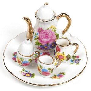 EatingBiting Collection Level 1:12 Elegant Flora Miniature Mini House Porcelain Tea Dish, Teapot, Cup, Plate Craft Set, DIY Scene Home Furniture Accessories