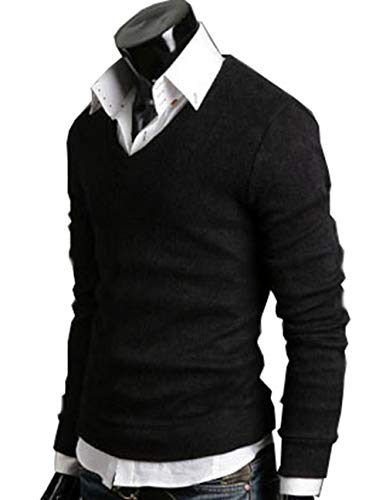 LemonGirl Comfortably Mens Slim Fit Longsleeve Light Weight V-Neck Pullover Sweaters Black