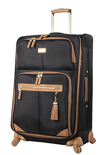 Steve Madden Designer Luggage Collection- 3 Piece Softside Expandable Lightweight Spinner Suitcases- Travel Set includes Under Seat Bag, 20-Inch Carry on & 28-Inch Checked Suitcase (Harlo Black)