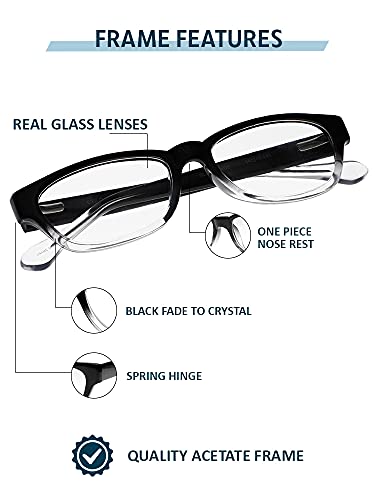 Clear Glass Reading Glasses Real Glass Lenses in Stylish Acetate Frame Available in Reading Magnification +0.25 to +3.00 (+2.75)