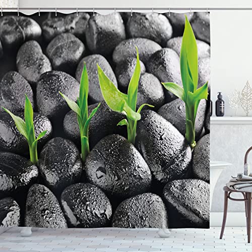 Ambesonne Plant Shower Curtain, Basalt Stones with Bamboo Leaves Sticking Water Droplets Harmony of Nature, Cloth Fabric Bathroom Decor Set with Hooks, 69" W x 70" L, Dark Taupe Lime Green