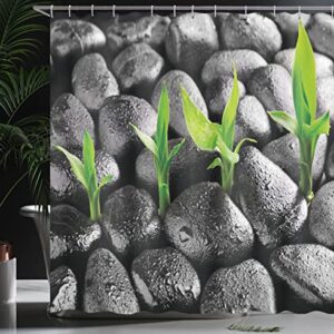 Ambesonne Plant Shower Curtain, Basalt Stones with Bamboo Leaves Sticking Water Droplets Harmony of Nature, Cloth Fabric Bathroom Decor Set with Hooks, 69" W x 70" L, Dark Taupe Lime Green