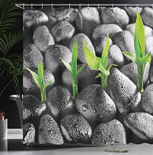 Ambesonne Plant Shower Curtain, Basalt Stones with Bamboo Leaves Sticking Water Droplets Harmony of Nature, Cloth Fabric Bathroom Decor Set with Hooks, 69" W x 70" L, Dark Taupe Lime Green