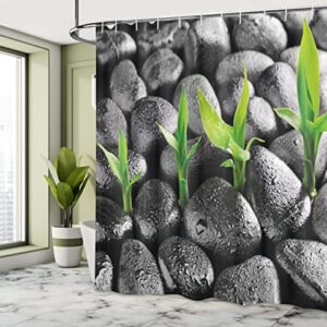 Ambesonne Plant Shower Curtain, Basalt Stones with Bamboo Leaves Sticking Water Droplets Harmony of Nature, Cloth Fabric Bathroom Decor Set with Hooks, 69" W x 70" L, Dark Taupe Lime Green