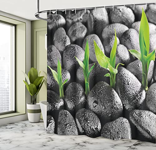 Ambesonne Plant Shower Curtain, Basalt Stones with Bamboo Leaves Sticking Water Droplets Harmony of Nature, Cloth Fabric Bathroom Decor Set with Hooks, 69" W x 70" L, Dark Taupe Lime Green