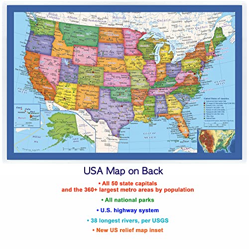 Classic United States USA and World Desk Map, 2-Sided Print, 2-Sided Sealed Lamination, Small Poster Size 11.5 x 17.5 inches (1 Desk Map)