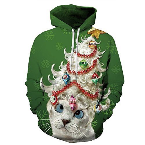 Couple 3D Santa Print Ugly Christmas Kangaroo Pocket Sweatshirt Hoodies Pullover Lady Cat S/M