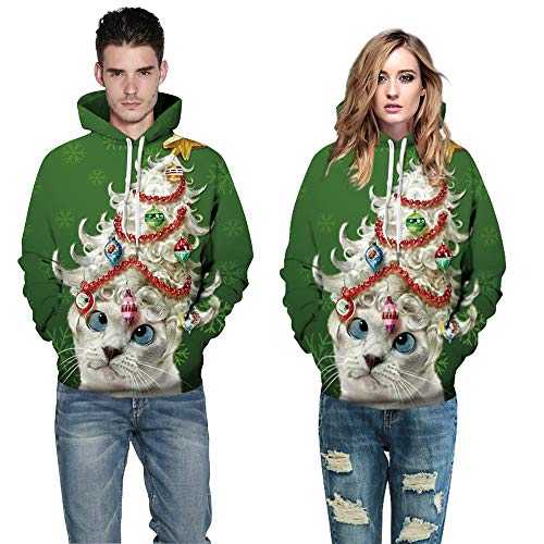 Couple 3D Santa Print Ugly Christmas Kangaroo Pocket Sweatshirt Hoodies Pullover Lady Cat S/M