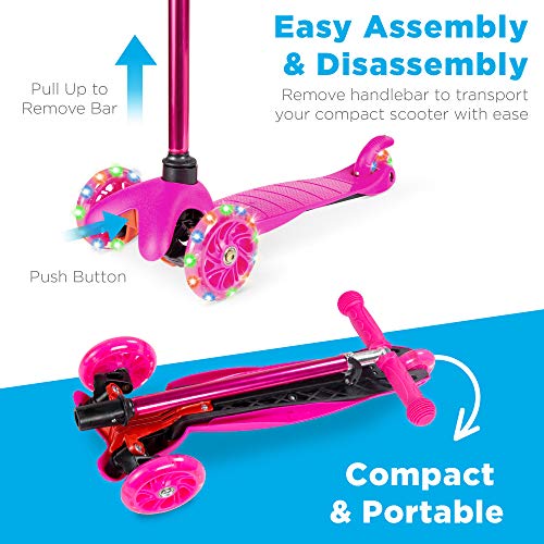 Best Choice Products Kids Mini Kick Scooter Toy w/Light-Up Wheels, Height Adjustable T-Bar, Foot Break - Pink