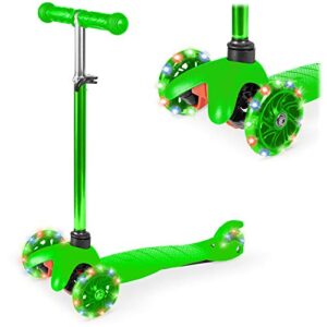 best choice products kids mini kick scooter toy w/light-up wheels, height adjustable t-bar, foot break - green
