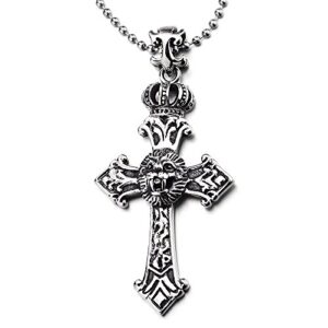 coolsteelandbeyond stainless steel vintage crown lion head cross pendant necklace for men women, 30 inches ball chain