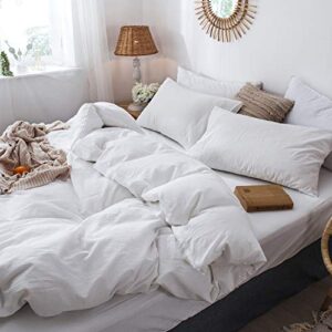 MooMee Bedding Duvet Cover Set 100% Washed Cotton Linen Like Textured Breathable Durable Soft Comfy (Off White, Queen)