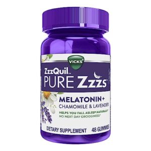 zzzquil pure zzzs, melatonin sleep aid gummies with lavender, valerian root and chamomile, natural wildberry vanilla flavor, non-habit forming, drug-free, 48 count