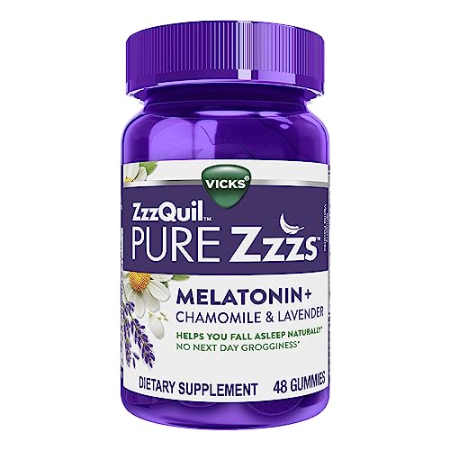 ZzzQuil PURE Zzzs, Melatonin Sleep Aid Gummies with Lavender, Valerian Root and Chamomile, Natural Wildberry Vanilla Flavor, Non-Habit Forming, Drug-Free, 48 Count